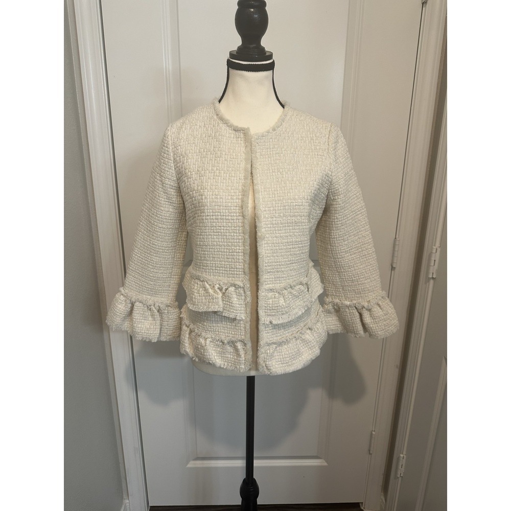 Ann Taylor Tweed Ruffle Trim Sparkle Bouclé Jacket Cream Holiday‎ Blazer Size 2